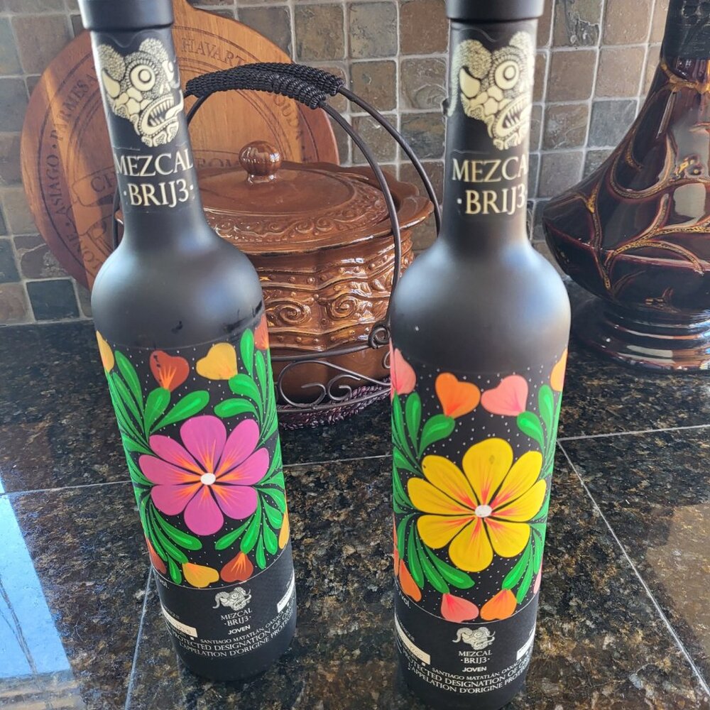 2 Mezcal Brij3 Bottles - Empty-Hand-painted, each one is a unique work of art